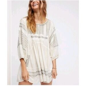Free People Wild One Embroidered Tunic Top Sz Med Peasant Boho Balloon Sleeve
